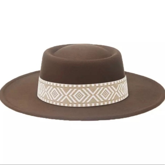 Accessories - NEW Brown Colored Tall Round Crown Wide Brim Abstract Band Felt Fedora Top Hat